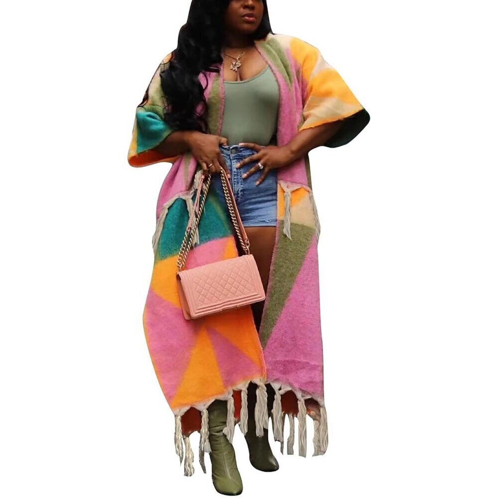 Women's Colorful Long Sweater Cardigan Fringe Tassel Open Front